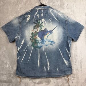 AKOO Mens 3XL Denim Button Down Shirt Acid Wash Marlin Graphic Short Sleeve Blue